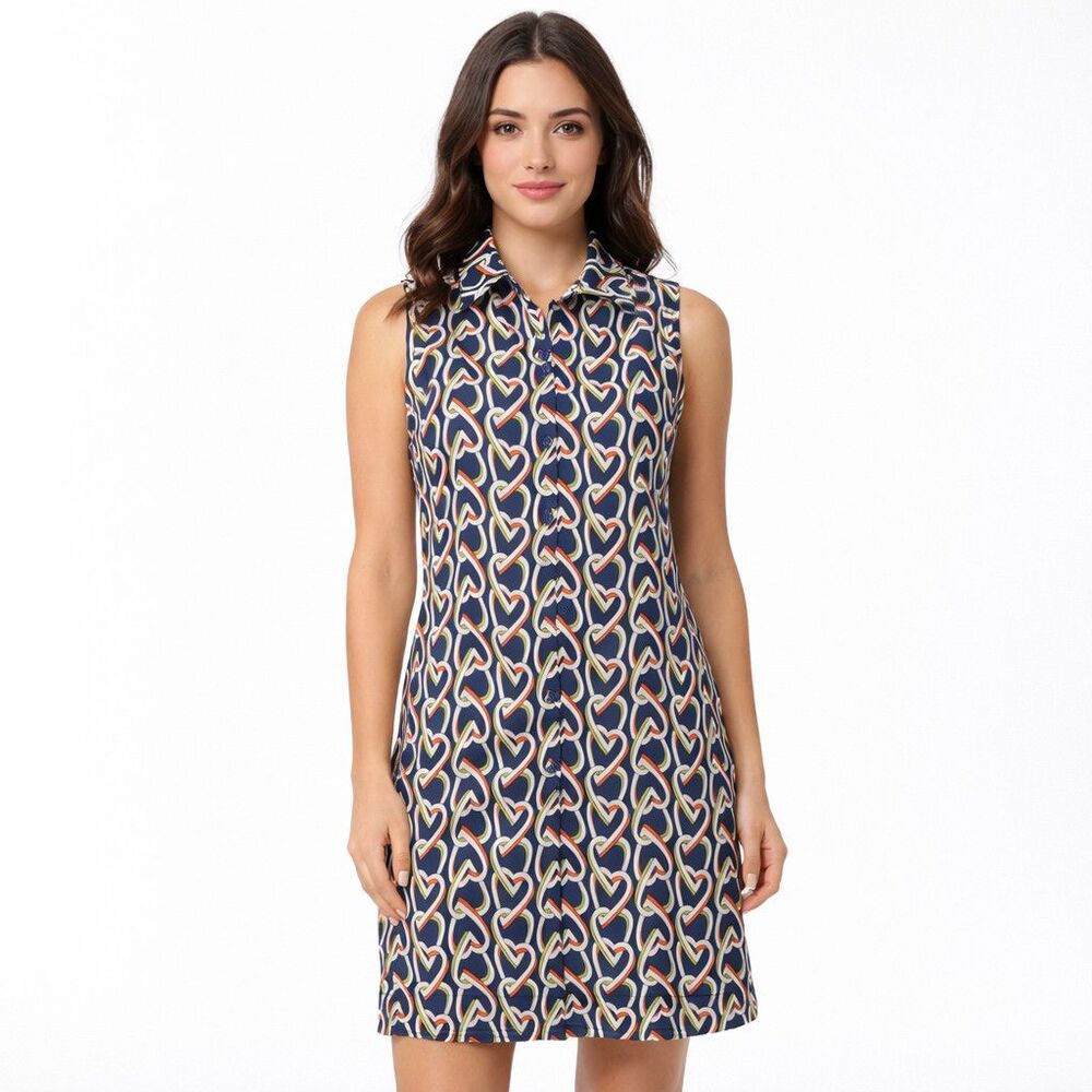 CAbi Shirt Dress Womens XS Blue Heart Print Collared Button Front Sleeveless
